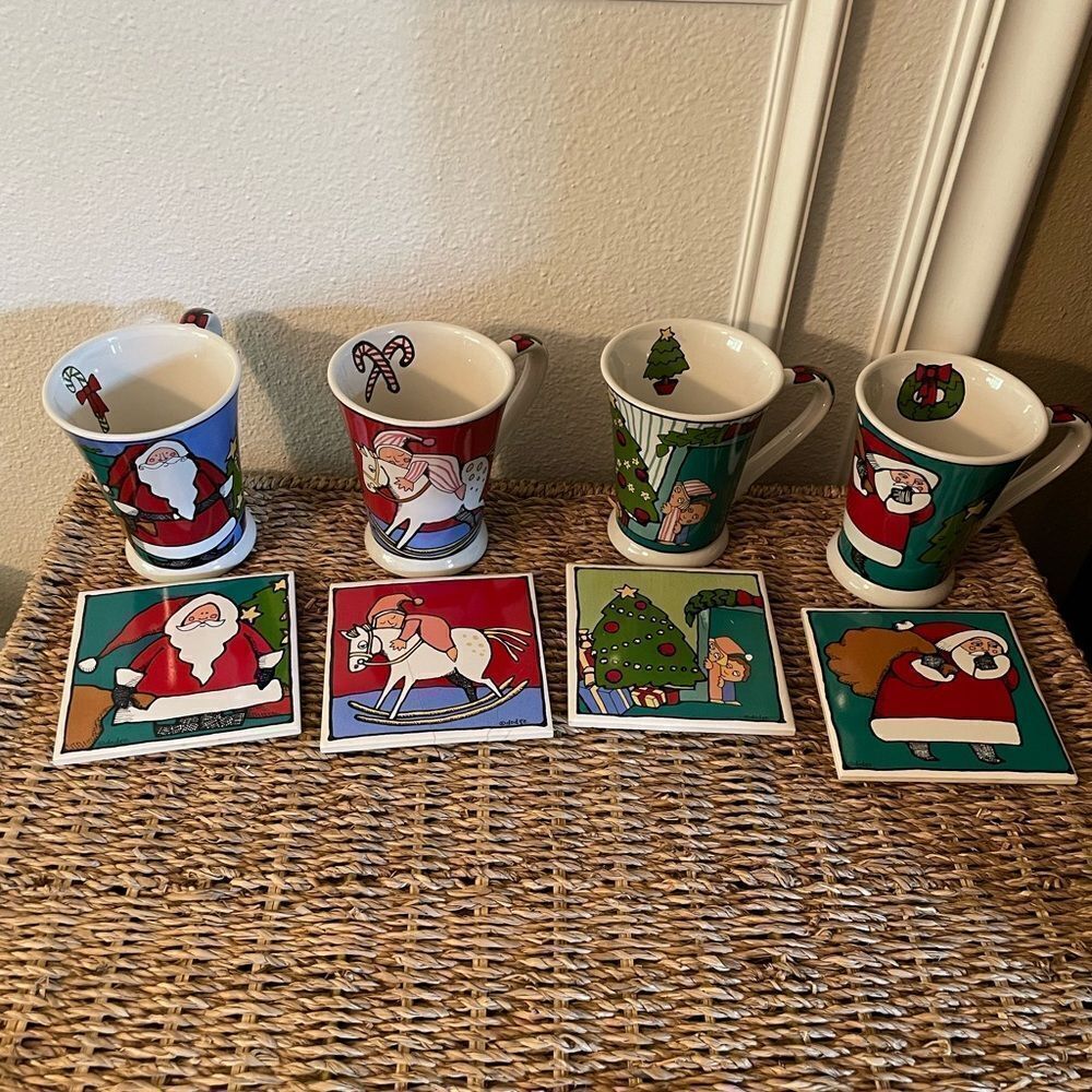 Ursula Dodge Christmas Themed Cups and Coordinating Coasters set of 4